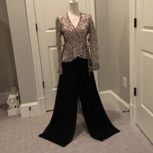 Lace top and wide legged sheer dress slacks
